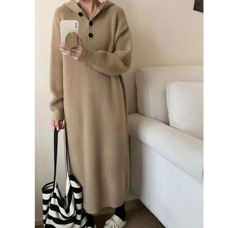 Hooded Single-breasted Pullover Sweater Skirt Women's Autumn and Winter New Lazy Loose Large-size Knitted Dress