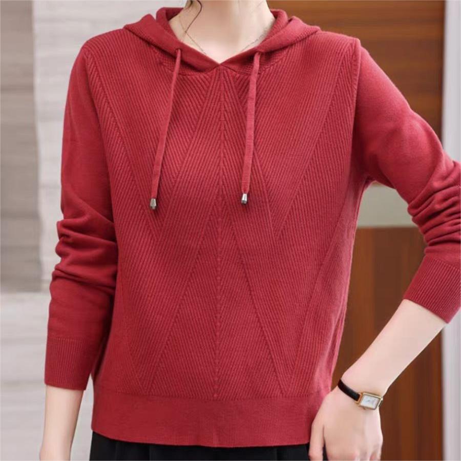 Twill Pullover Sweater Women's 2025 Fashion Casual Loose Solid Color Front Shoulder Hooded Sweater Knitted Spring Girl