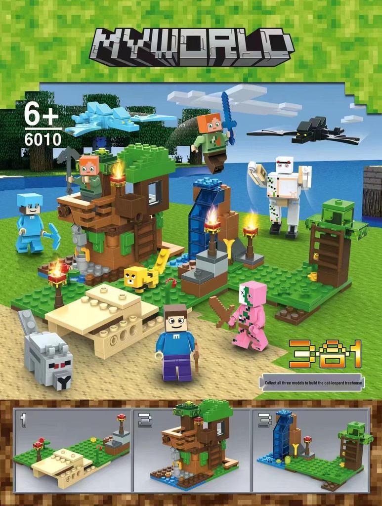 Minecraft Minifigure Set: Block Mechanism, Cave Light, Treehouse, Warhorse, Ocelot, Village Windmill Town