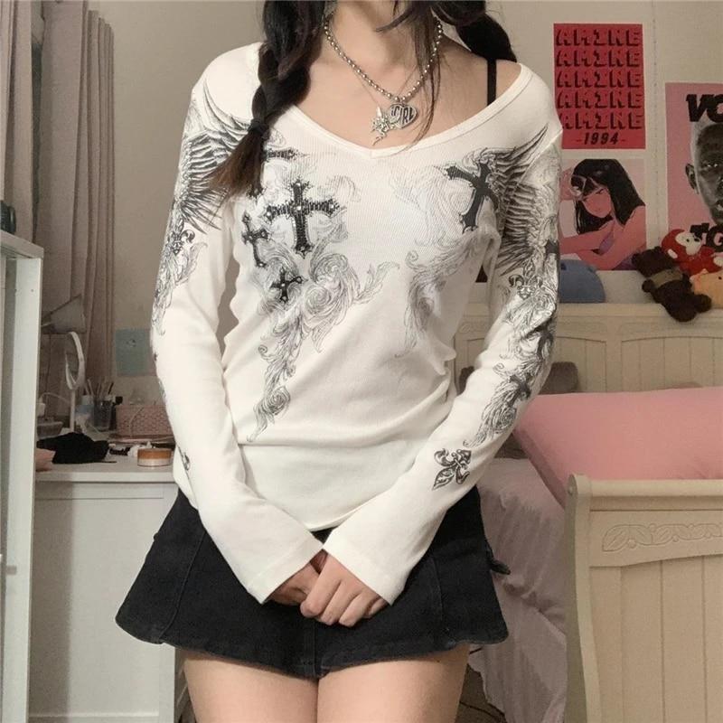 2KWEIRD 2000s Aesthetic T Shirt Graphic Cross Wings Print Long Sleeve Tops Y2k Women Clothes Fairycore Grunge Tee Streetwear