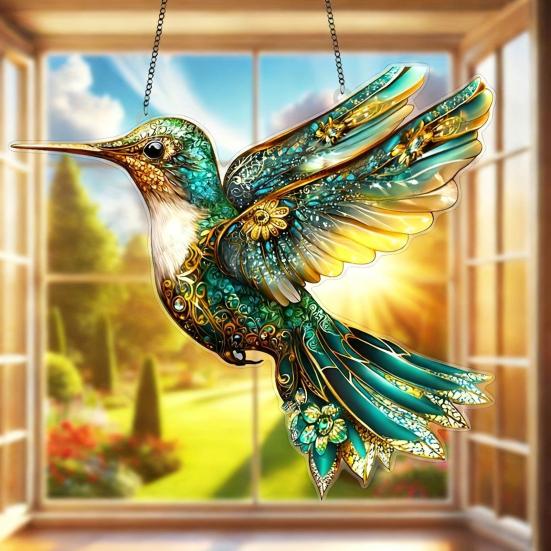 Yousheng Colorful Bird Acrylic Hanging Decoration Indoor Outdoor Garden Yard Window Wall Hanging Stained Glass Effect Bird Ornament Suncatcher Sign