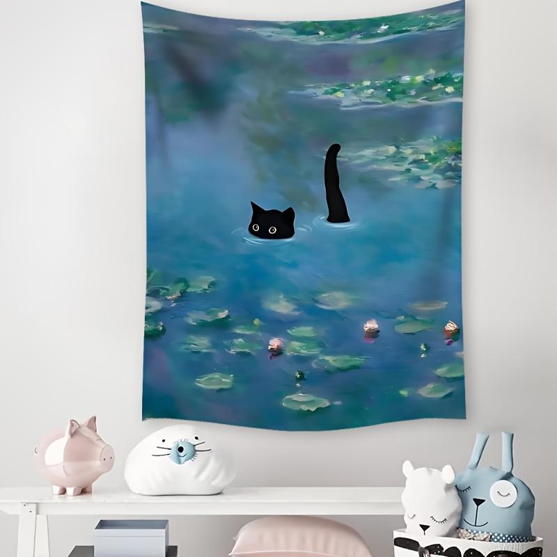 Black Cat Floating Lilie Lotus Lake Starry Night Tapestry Room Decoration Home Decor Bedroom Wall Hanging Fabric