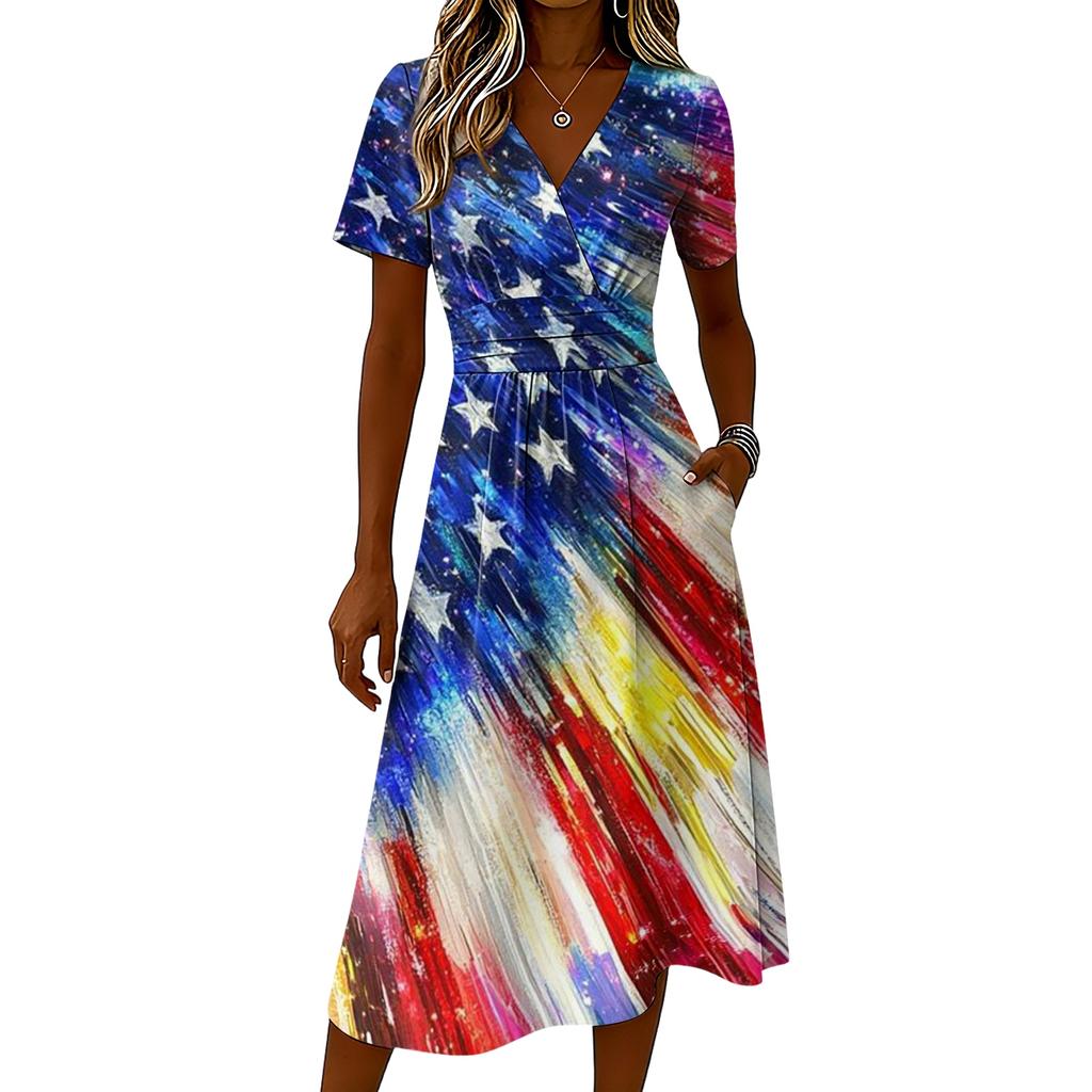 Women's Independence Day Print Casual Fashion Short Sleeve V-Neck Dress