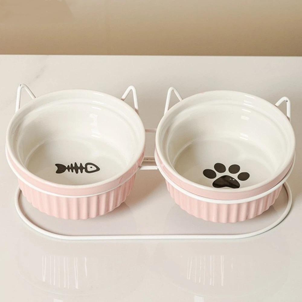 Non-Slip Ceramic Cat Bowls Iron Bracket Cat Water Bowls Elevated Cat Double Bowls  Dog Feeder