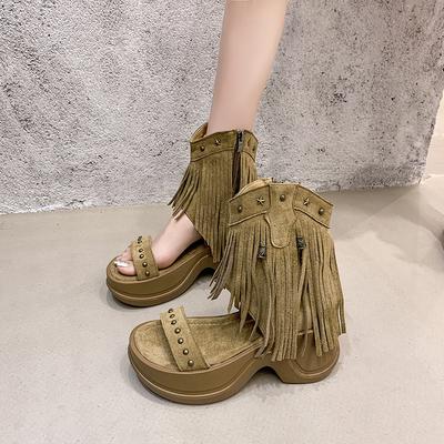 Moda NUEVO Diseñador Sandalias de Cuña Romanas para Mujer Verano Nuevas Botinetas con Calados Paja Tachuela Cremallera Borla Punta Abierta Antideslizantes Botas Refrigerantes
