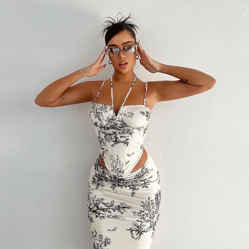 

New Chinese Style Fancy Floral Strapless Sling Tops + Hip-Wrapped Mid-Length Dress Two-piece Set Sexy Fashion Suit Women Apricot color L
