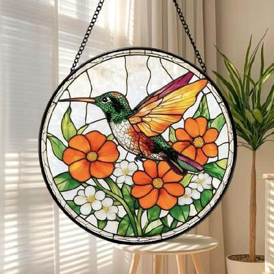 Flower Bird Patterned Stained Glass Sunlight Catcher Garden Decoration With Hanging Chain For Window Door Wall Display