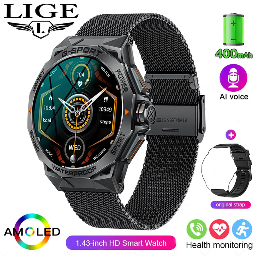 LIGE Nové originální celoocelové chytré hodinky HD s kulatým displejem 400mAh Velkokapacitní baterie Chytrý náramek Bluetooth na volání Sportovní vodotěsné chytré hodinky