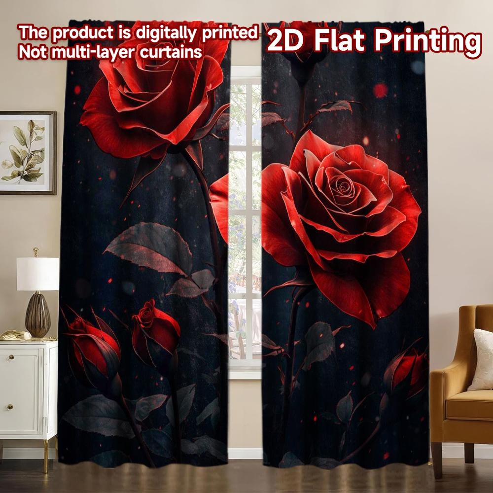 2D FLAT PRINTING 2pcs Curtains (Without Rod) Valentine's Day Red Roses Creative Chic Curtains Versatile Polyester Fabric