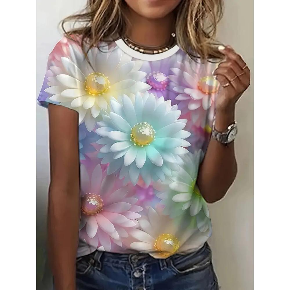 Summer women's T-shirt casual daisy pattern 3D printed women's T-shirt loose short sleeved round neck T-shirt girls' top