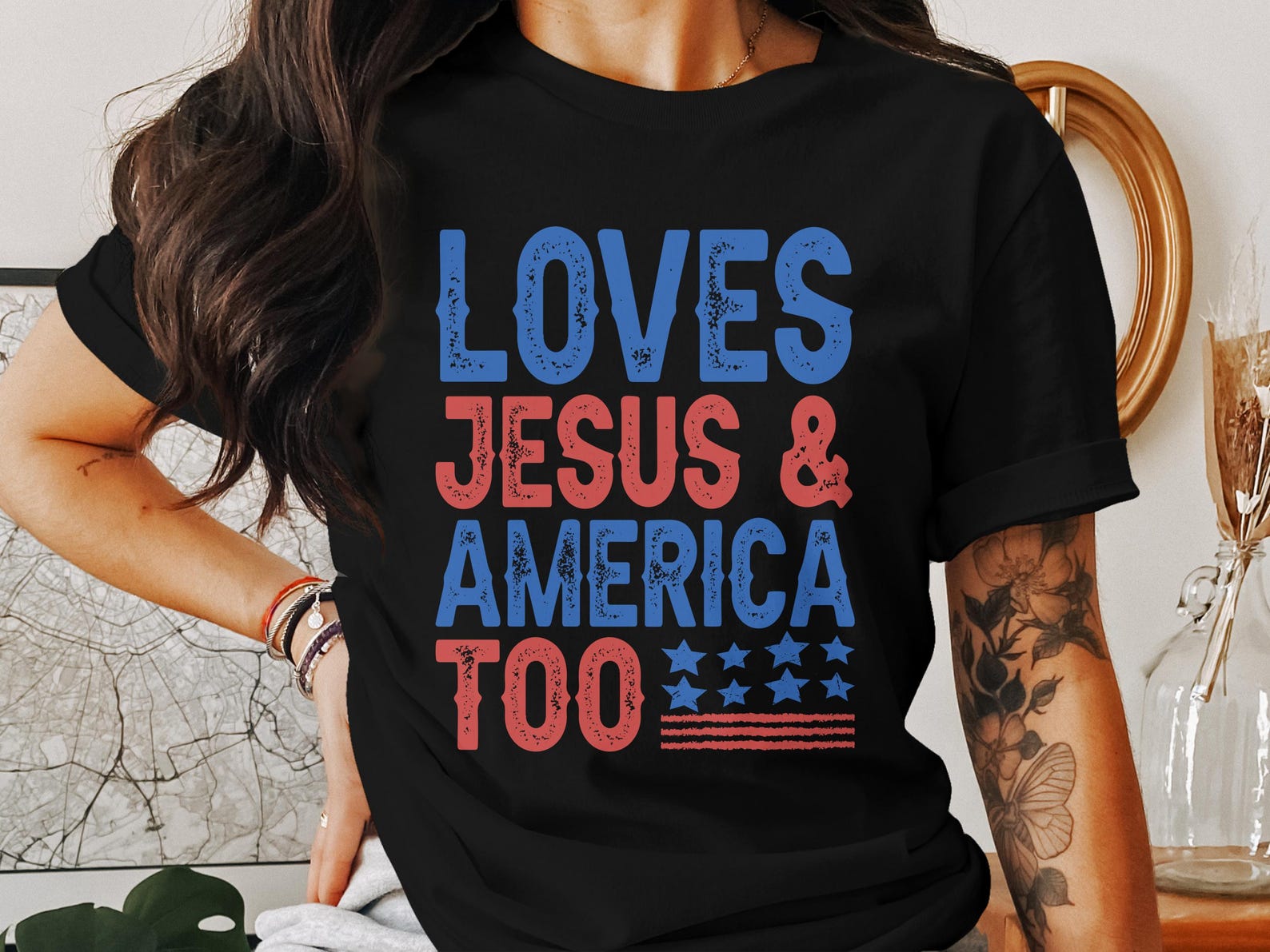 Loves Jesus and America Too T-Shirt, Christian Faith Apparel, Patriotic Gift for Believers, God Bless America Tee, USA Flag Shirt 2XL