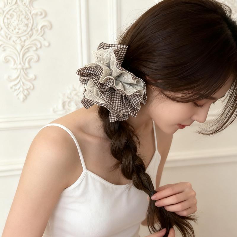 High-End Korean Plaid Lace Scrunchie for Women - Oversized Hair Tie & Bun Accessory