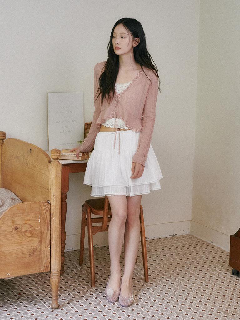 OUEL Lace Tiered Mini Skirt_White