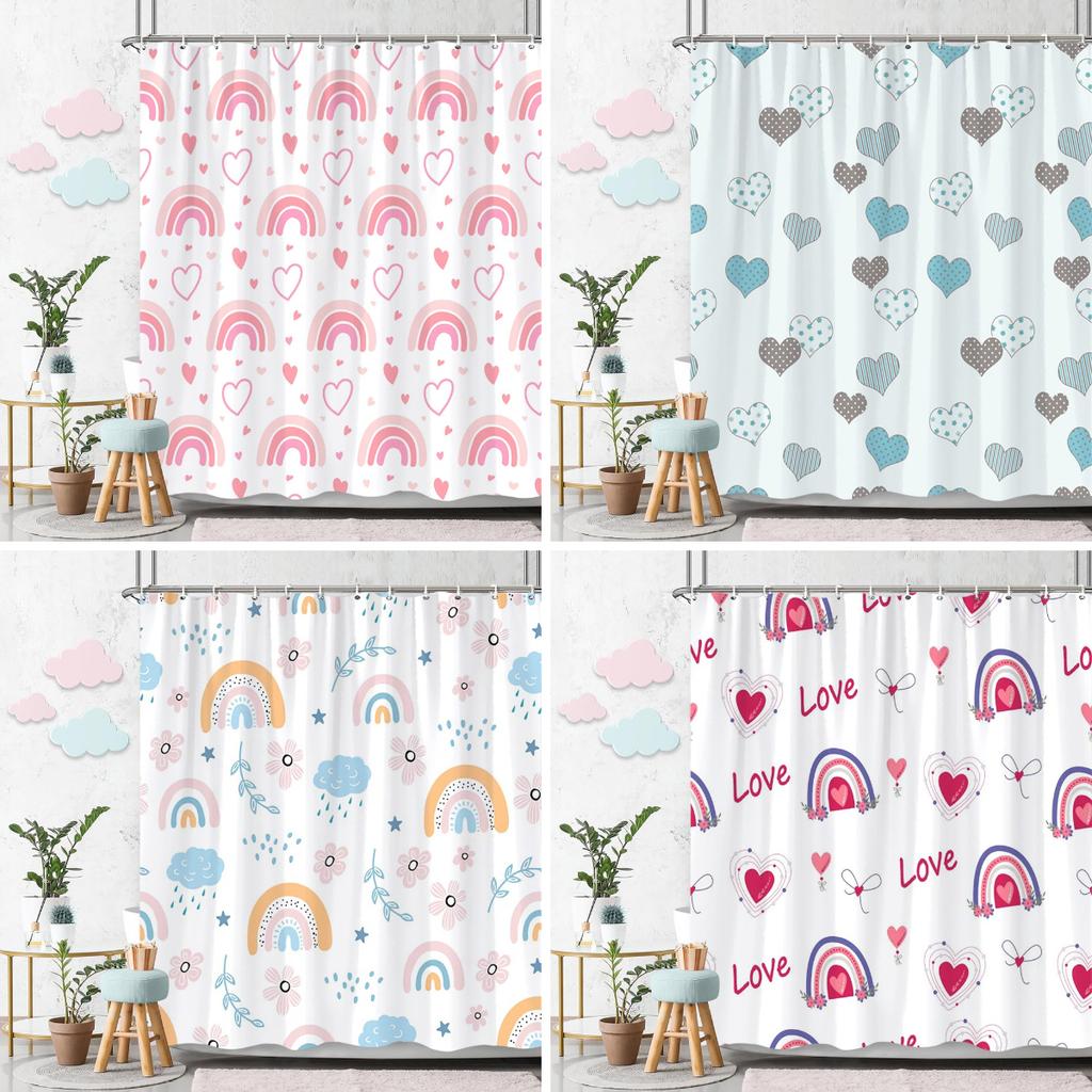 Beautiful Love Rainbow Shower Curtain Gift Idea Bohemian Printed Pattern Polyester Fabric Bath Curtain Bathroom Decor with Hooks