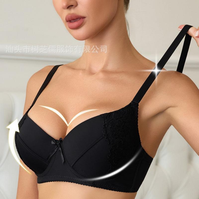 Black Lace Trim Push Up Bra with Cute Bow Detail and Smooth Seamless Cups S чёрный