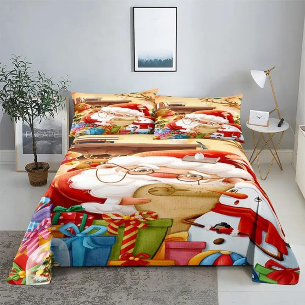 Merry Christmas Bed Sheet Set with Pillowcase 3D Print Santa Claus Home Decor New Year King Queen Full Size Red Bed Flat Sheet
