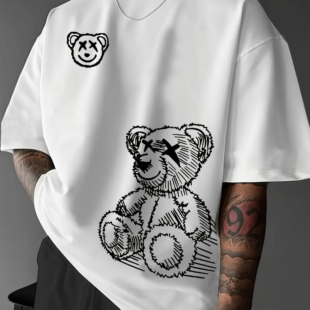 2025 Summer 100% Pure Cotton Casual Men's Sportswear T-shirt with Cartoon Bear Print Fashionable Round-neck Short-sleeved