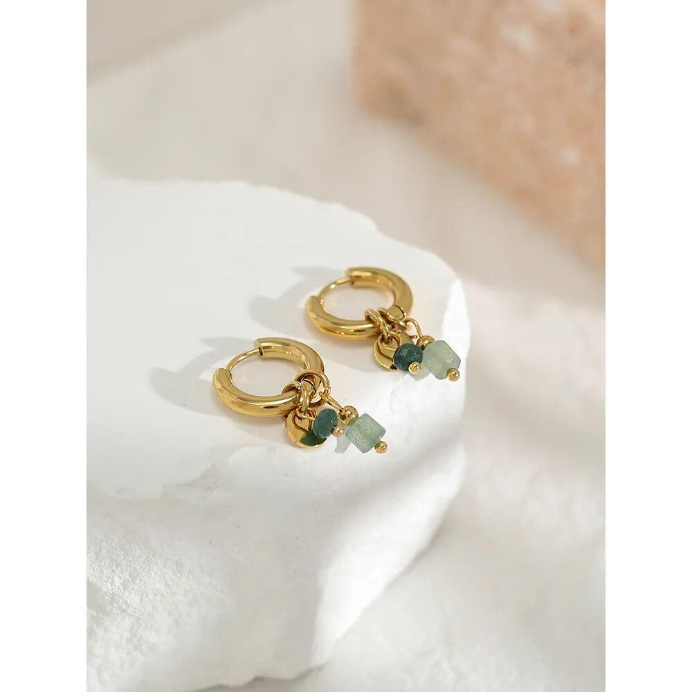 Plated Stainless Steel Hoop Earrings for Women Vintage Green Natural Stone Charms Trendy Waterproof Jewelry