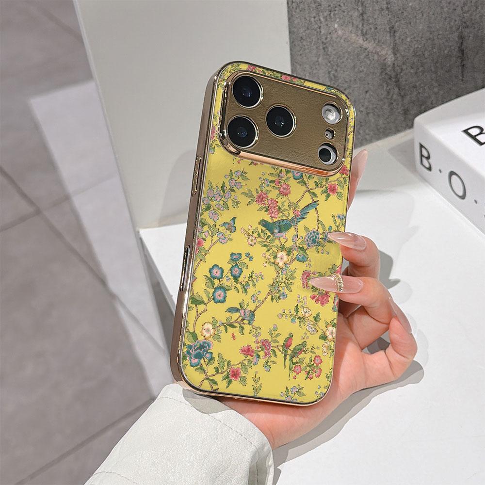 Lucky Start Phone Case For iPhone 17 16 15 14 13 12 11 Pro Max 16E Gold Electroplated Glass Shell Chinoiserie Garden Cover