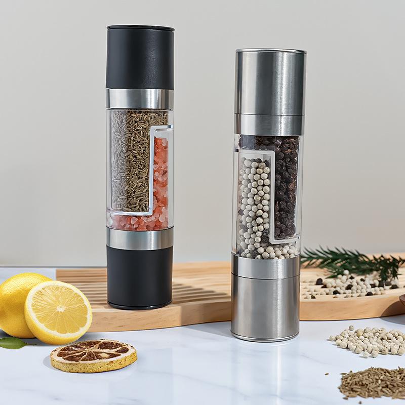 Stainless Steel Dual-Chamber Grinder Manual Reversible Pepper Salt Mill Household Multifunctional Seasoning Grinder 2Pcs