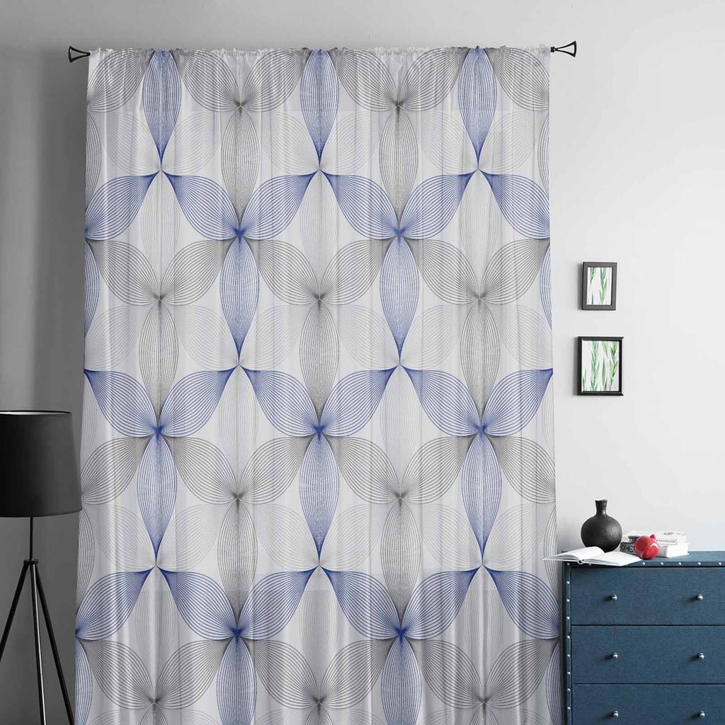 Modern Art Geometric Pattern Blue Tulle Window Curtains for Bedroom Luxury Home Decor Drapes In Living Room Chiffon Panels