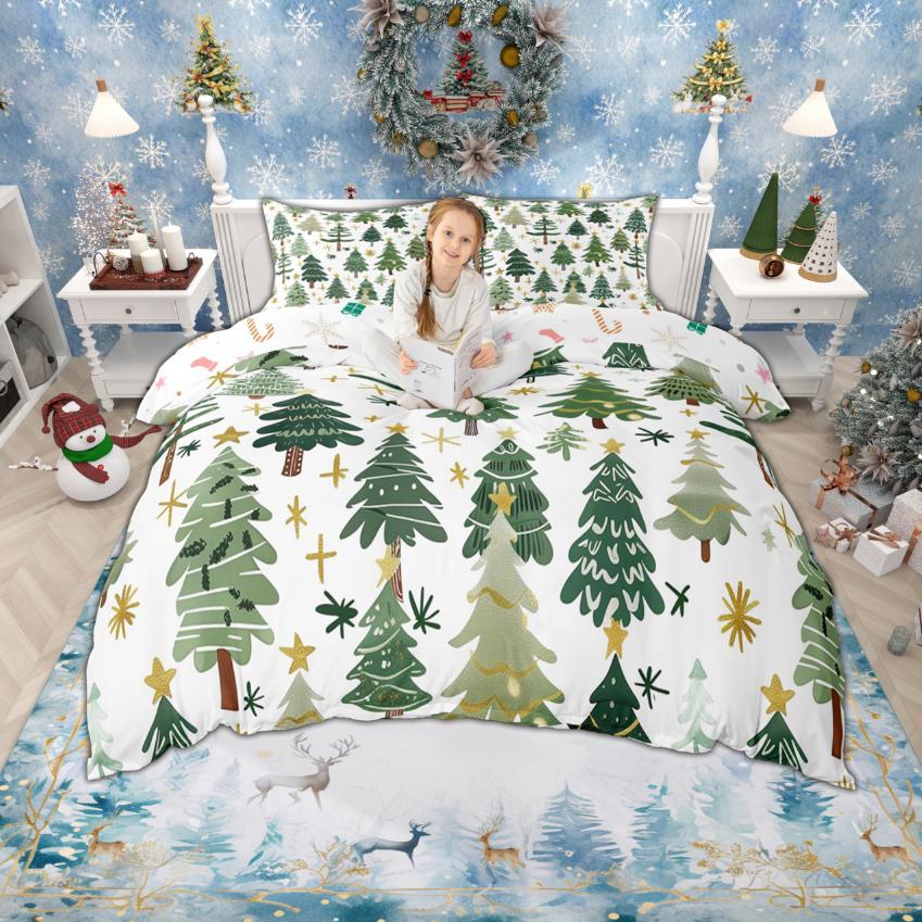 Homewish Watercolor Xmas Tree Duvet Cover Set for Girls Boys, Merry Christmas Bedding Set, New Year Gifts Quilt Cover Set
