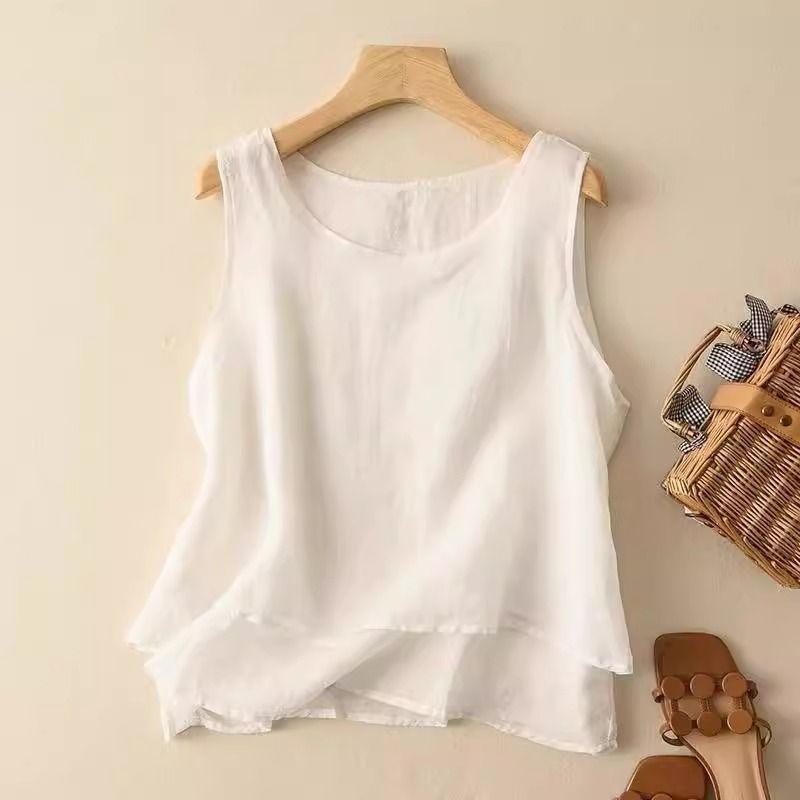 Women's Linen Sleeveless Tank Top Loose Casual Vintage Simple Spliced Camisole for Summer