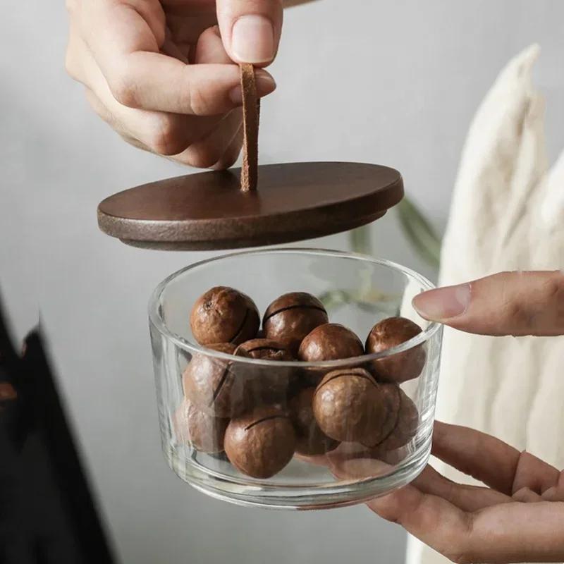 Glass Storage Bottle Divided Dried Fruit Tray with Wooden Lid Dried Fruit Snack Storage Bottle Wooden Tray Household Snack Tray