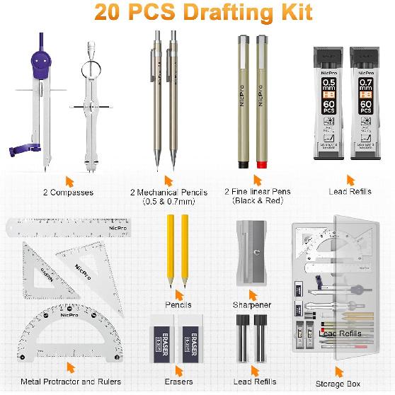 Nicpro 20PCS Professional Geometry Set with Case, Drafting Tools with Protractor and Compass, Metal Rulers, Triangles, Pens, Pencils, Drawing