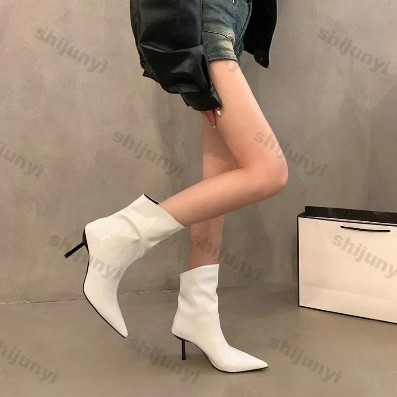 Women Sexy Pointy Patent Leather Ankle Boots Spring Autumn New Solid Color Stretch Slip On Booties Woman High Heels Skinny Boots