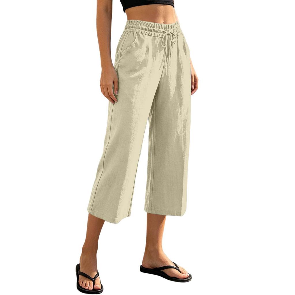 Women Drawstring Waist Loose Fit Cotton Linen Cropped Pants with Back Pocket Relaxed Fit Casual Seven Eighths Trousers for Daily Wear