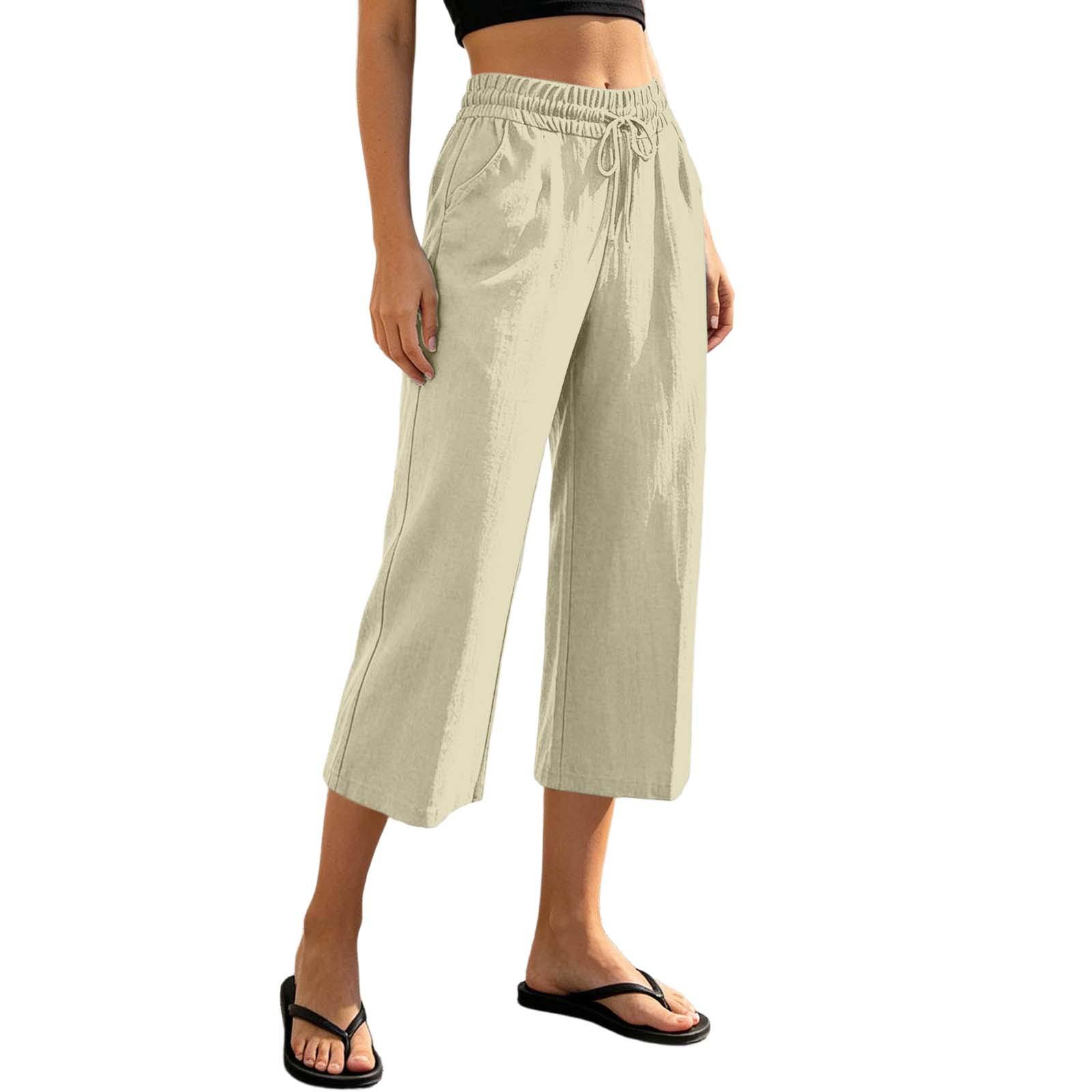 

Women Casual Loose Fit Drawstring Waist Crop Pants with Back Pockets Wide Leg Linen Blend Trousers for Everyday Wear XL бежевий