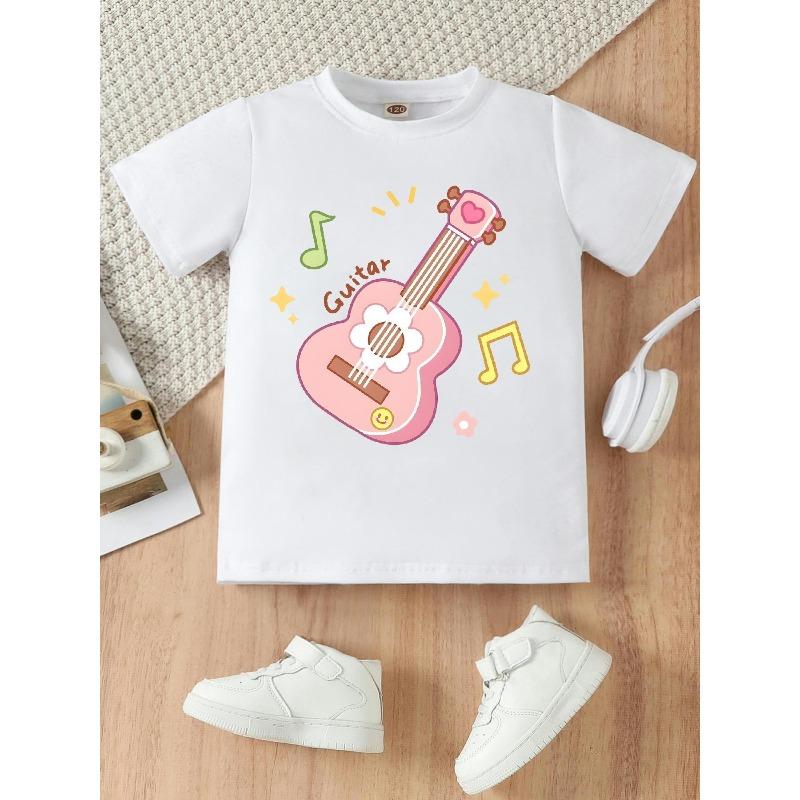 European sizes Cartoon  Guitar Print, Casual Breathable Round-neck Short-sleeve Girls' T-shirt, Spring and Summer, Suitable for Trendy and Cute Girls