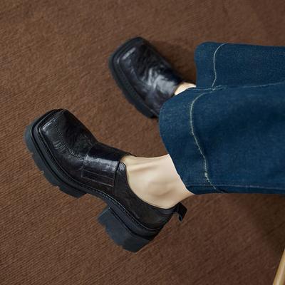 Muffin Platform Leather Loafers 2025 Spring New British Style Square Head Velcro Leather Shoes Thick Heel Single Shoes Women