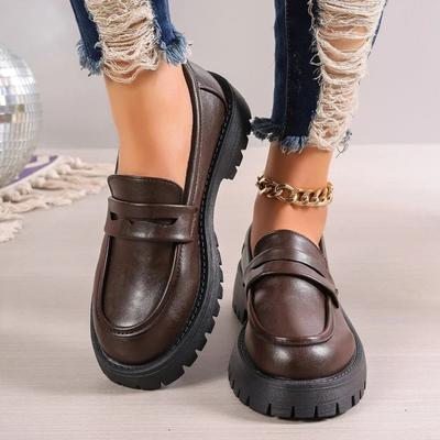 Lässige Plateau-Loafer Damen 2026 Britischer Stil Schwarz Braun PU-Leder Schuhe für Damen Komfort Slip-On Flats Große Größen