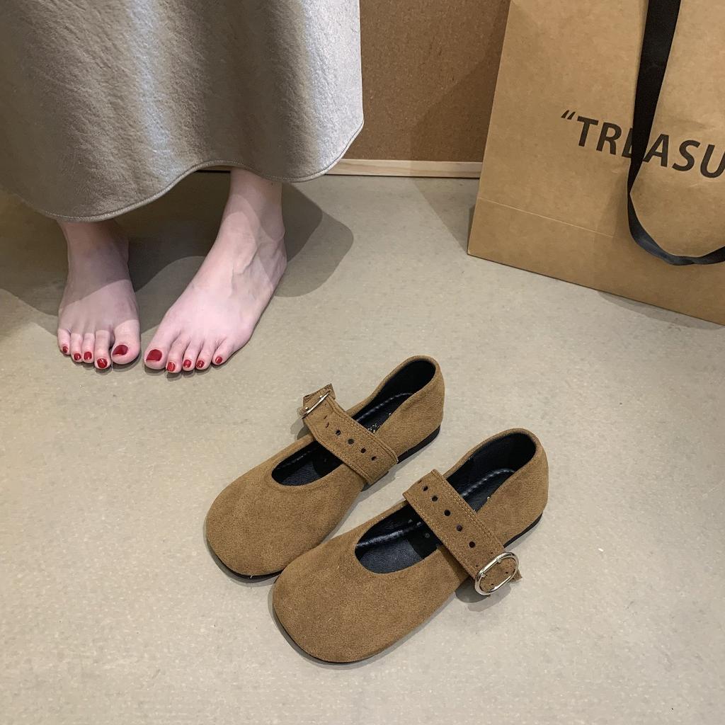 Korean version of round head suede one-word strap single shoes women's 2025 new autumn covered ancient leopard print velvet Mary Jane small le