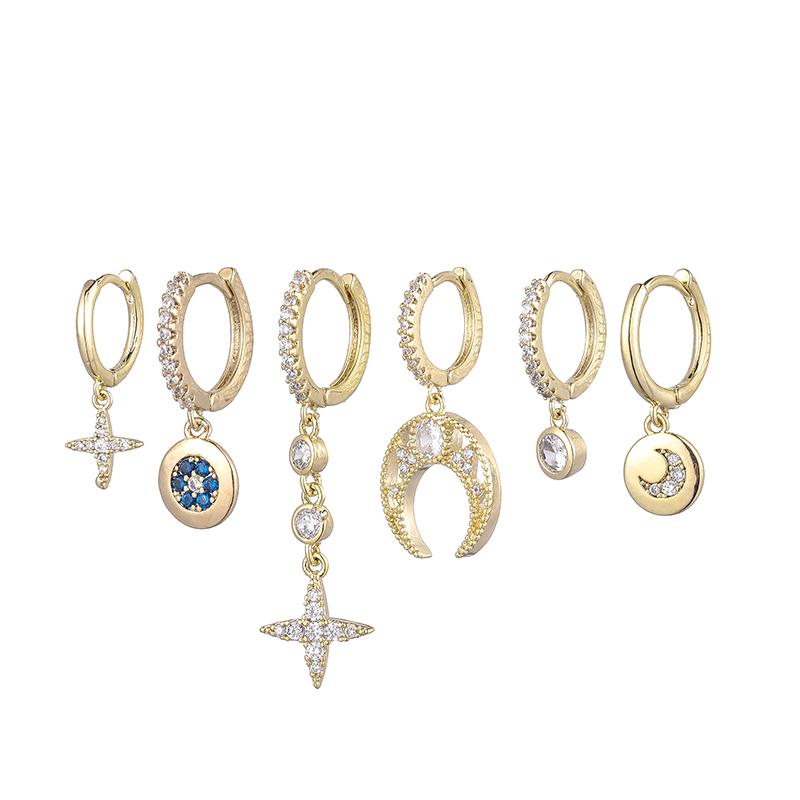 

ANENJERY 6 шт./компл. серьги-кольца со звездой и луной, комплект блестящих серег с микроцирконом для женщин, роскошные ювелирные изделия
