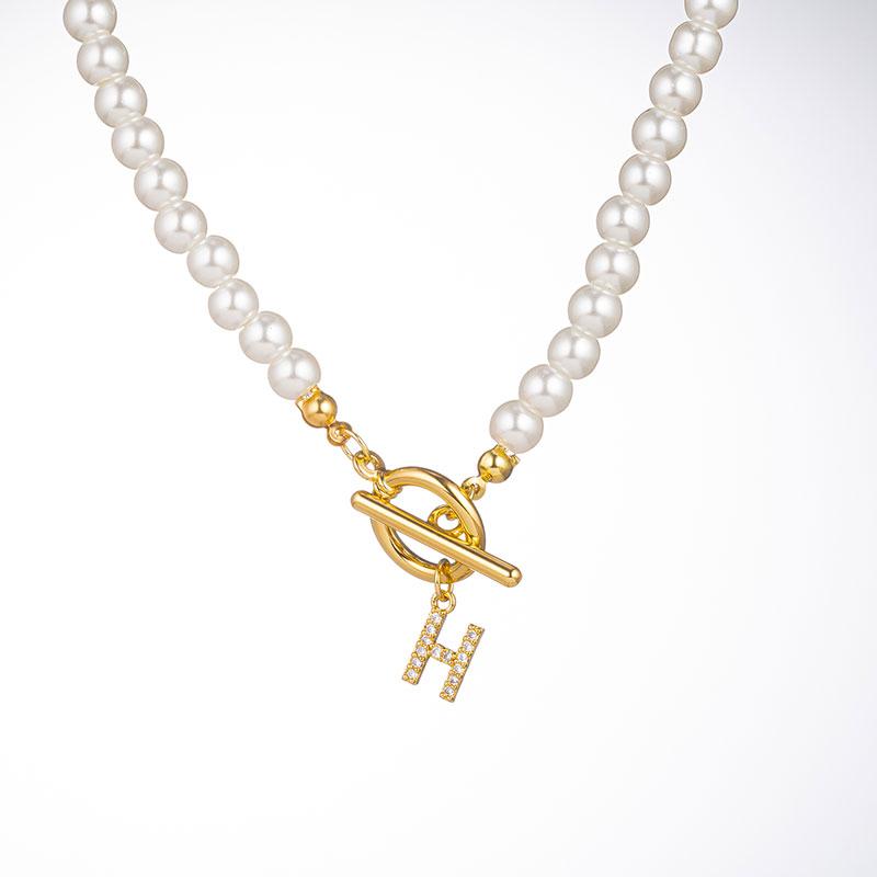 Zircon Crystal Initial A-Z Letter Pendant Necklace for Women Toggle Clasp Imitation Pearls Necklaces Wedding Jewelry Gift