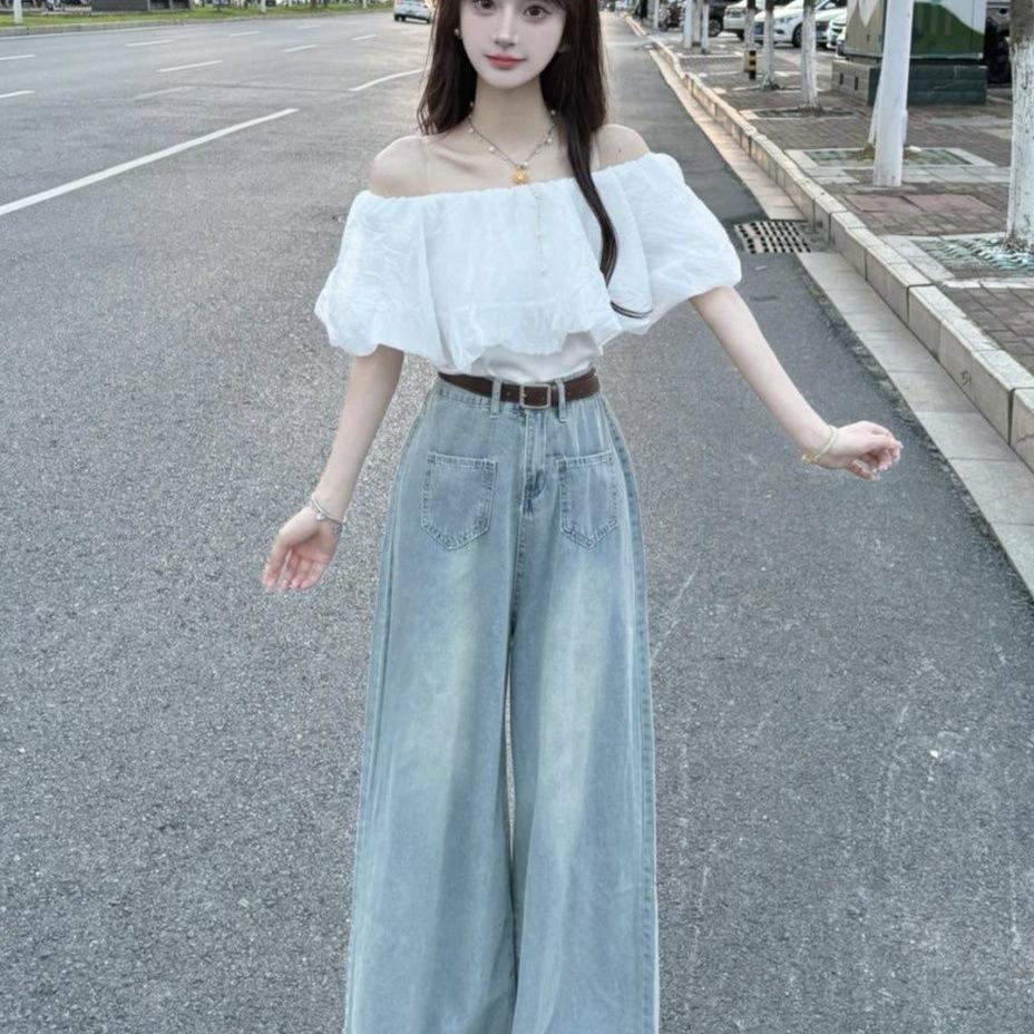 Trendy High-Waisted Wide-Leg Flare Jeans for Women - Slimming, Lightweight, Floor-Length Pants Skirt