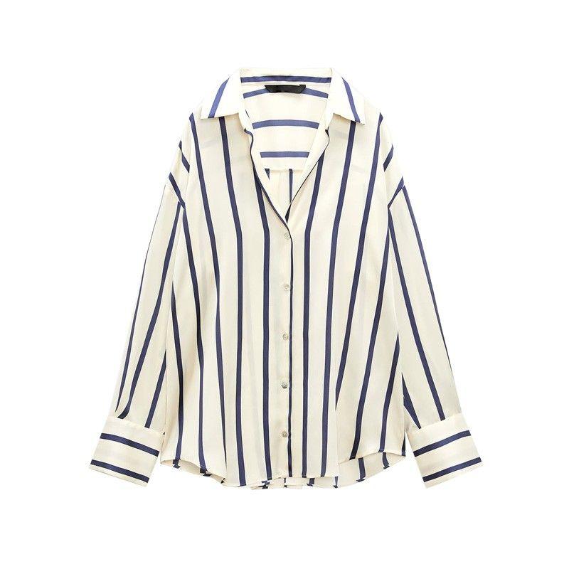 

Autumn and Winter Niche Bandage Dress Loose Silk Satin Textured Shirt Stripes High. L