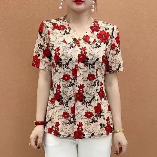 

Женская весенне-летняя футболка с коротким рукавом с принтом больших размеров, для женщин среднего и пожилого возраста, с V-образным вырезом, свободная, скрывающая живот, тонкая блузка XL