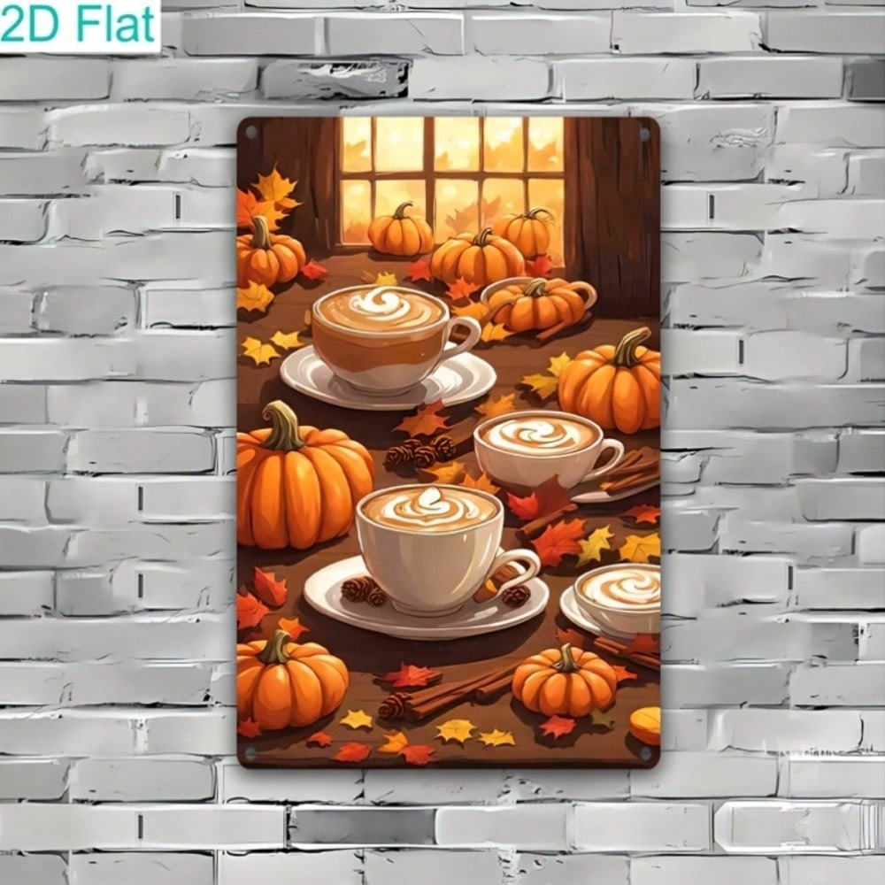 Retro Autumn Pumpkin Latte Tin Sign 8x12, Vintage Cafe Wall Art, Farmhouse Fall Kitchen Decor