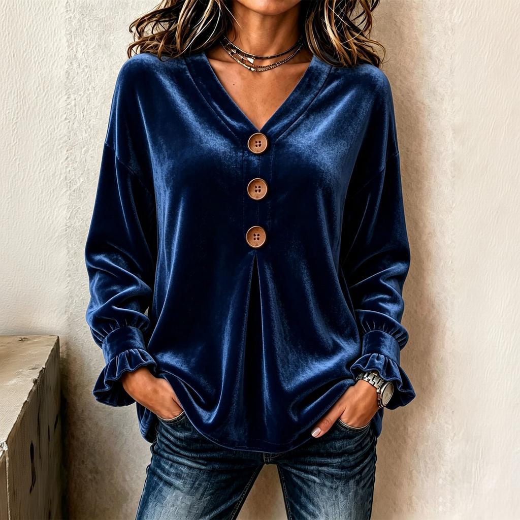 Women's Velvet V-Neck Long Sleeve Top Casual Loose Fit Color Blouse