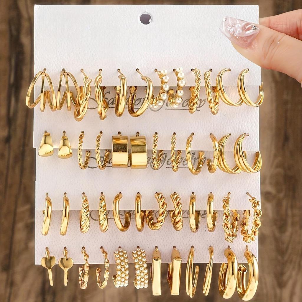 Elegant Retro Twisted Pearl & Metal Hoop Earrings Set for Women
