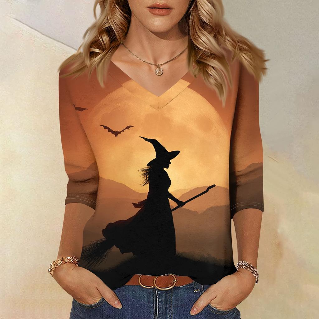 Women's Casual V-Neck 3/4 Sleeve Top with Halloween Print for Holiday Party and Daily Wear