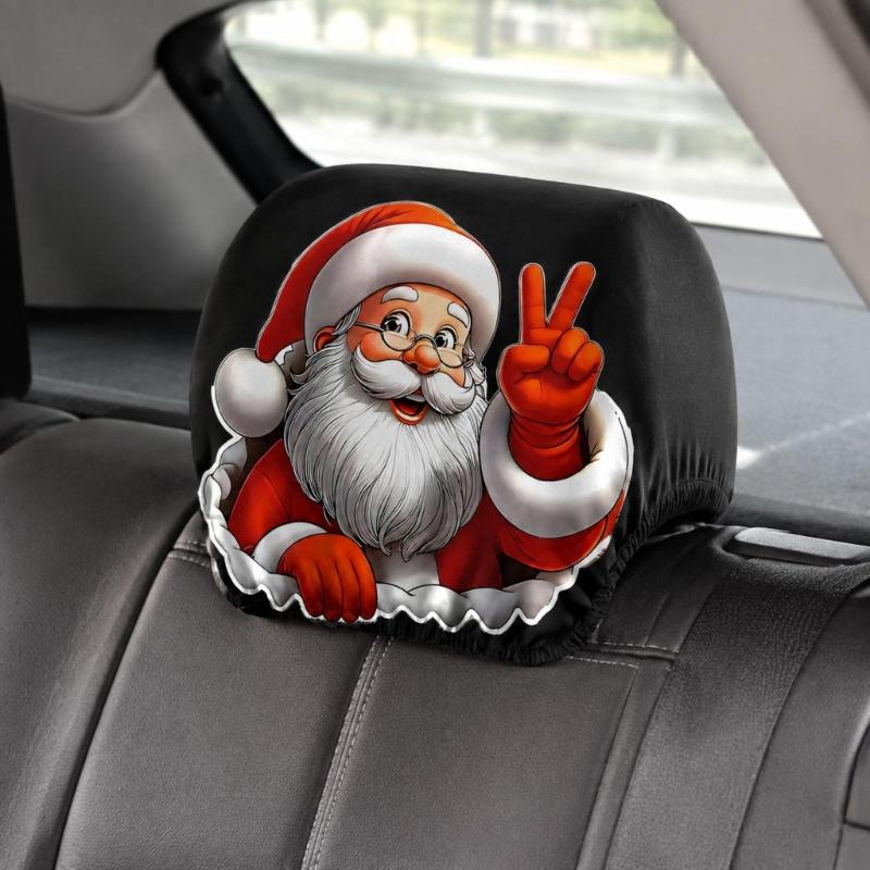 Festive Vehicle Headrest Accent Covers, Santa Christmas Slip-On Polyester Set for Winter Driving and Car Styling