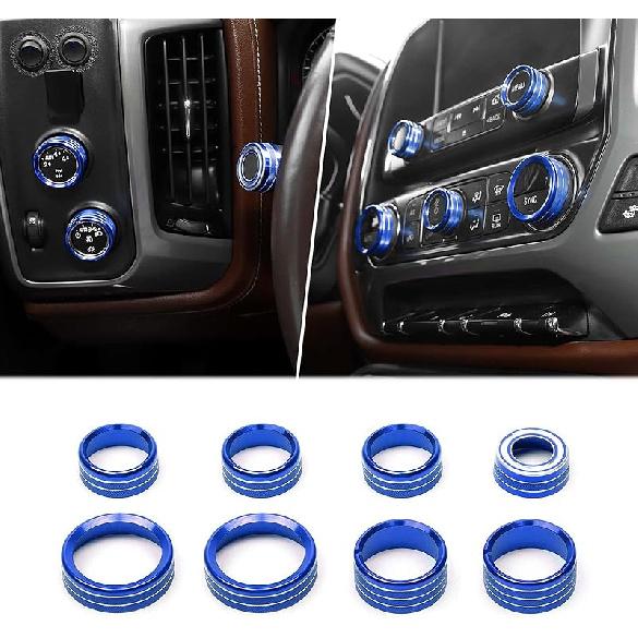 for Silverado Center Console Knob Cover Trim Ring Blue for Chevy Silverado/Suburban/GMC Sierra 2014-2018 Blue Interior Accessories 8pcs