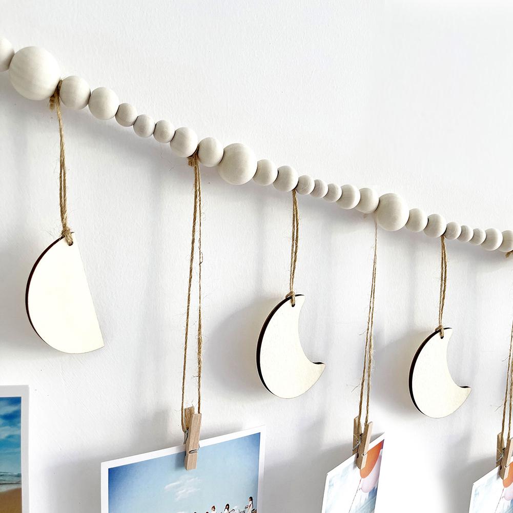 130cm Photo Garland With Wooden Beads Moon Tags 3 Sizes Wall Mounted Photo Clip String For Bedroom Office Dorm Party Decor