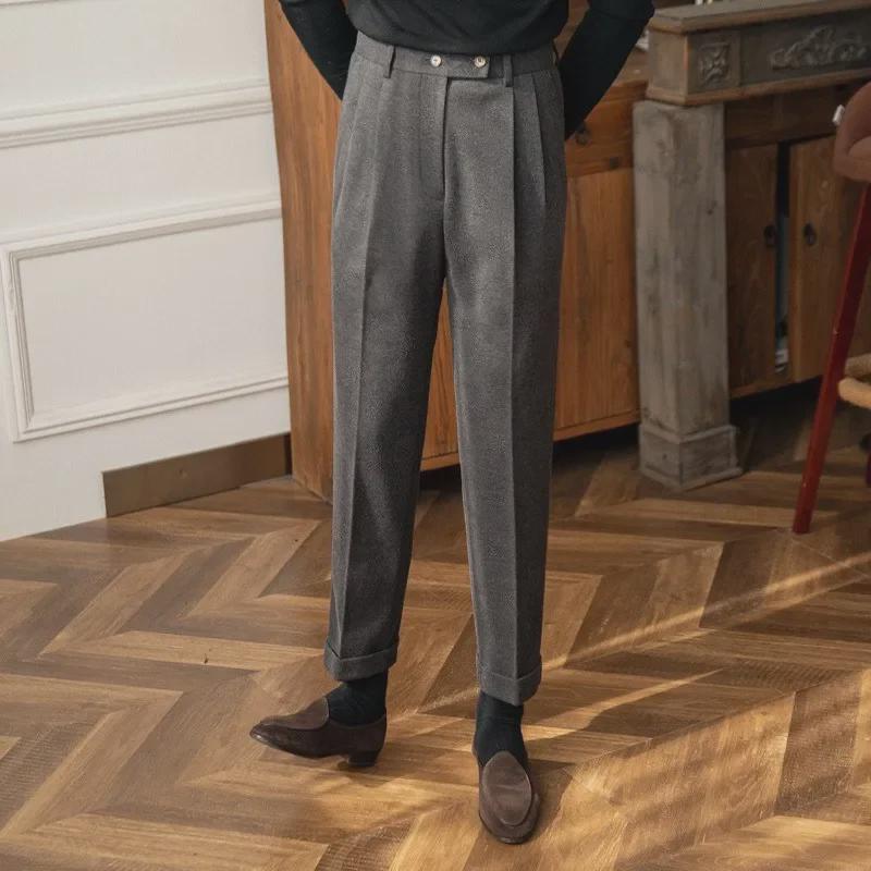 Men's High Waist Woolen Suit Pants: Warm, Straight-Leg, Solid Color, All-Match Autumn/Winter Style.