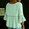 Women's Color Casual Fashion Loose Cotton Linen Lace Splicing Round Neck Shirt Top